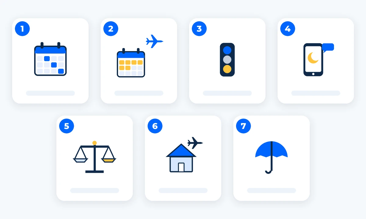 เช็กลิสต์เจ็ดข้อ พร้อมปฏิทิน โทรศัพท์ และไอคอนเครื่องบิน ภาพสร้างด้วย AI