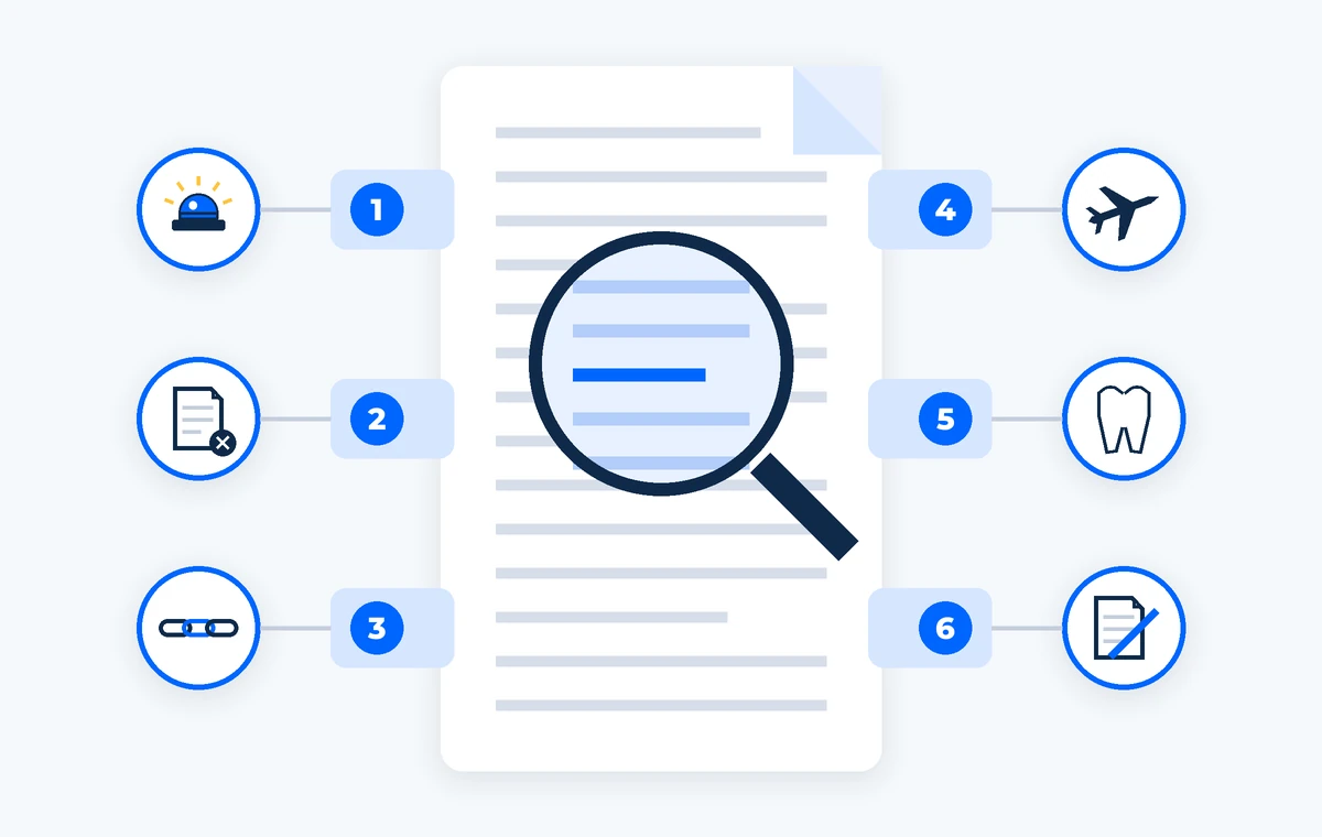 A magnifying glass over a policy document with six numbered tabs. AI-generated image.