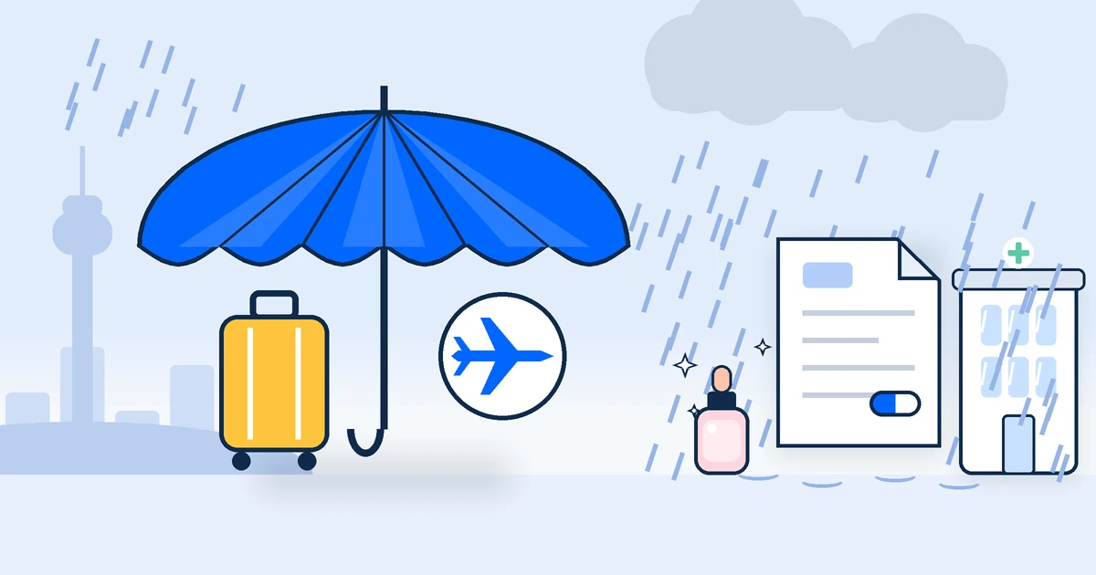 傘がスーツケースと飛行機を守り、治療の書類だけが雨の外に置かれているイラスト。