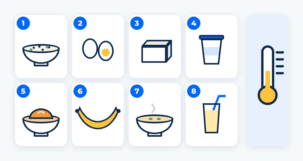8つのやわらかい食べ物のアイコンと、「ぬるめ」を示す温度計。AI生成画像